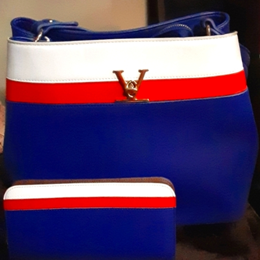 Royal blue, red, and white striped large bag with the matching wallet.
